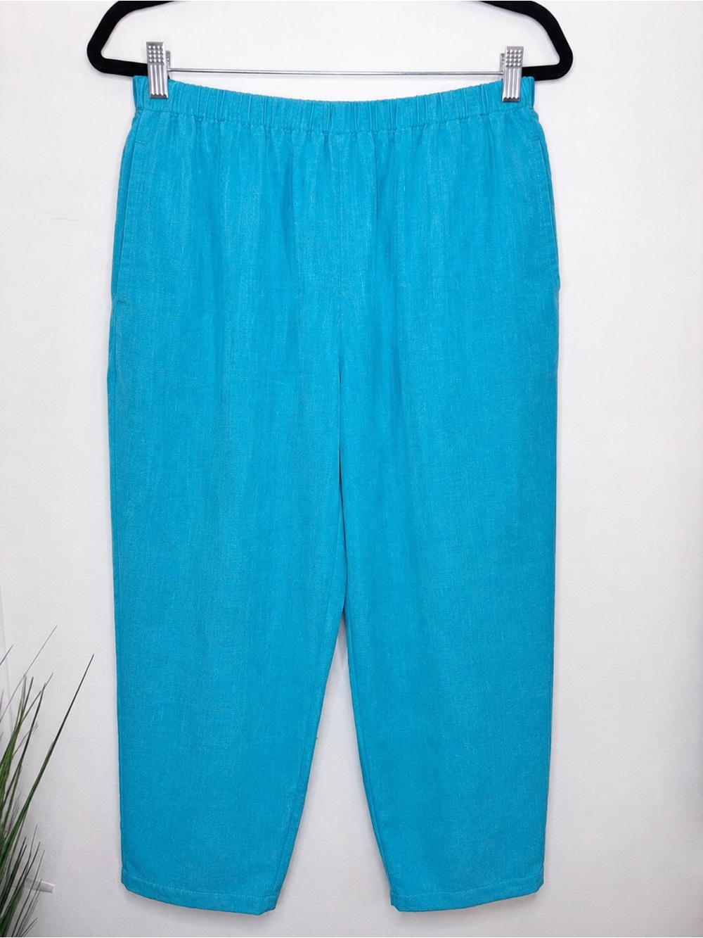 FLAX 100% Linen Elastic Waist Crop Pants Turquoise Large